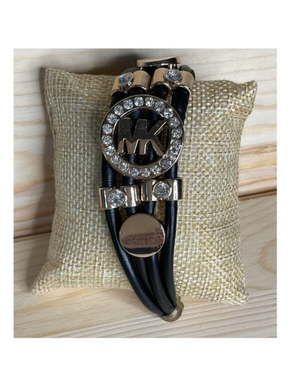 Michael Kors Vintage MK Pave Medallion Black Leather Multi Strand Cuff Bracelet